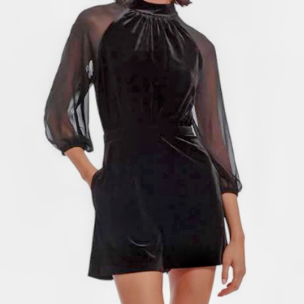 DONNA MORGAN Size 12 Black Stretch Velvet Short Romper Sheer Sleeve Long Sleeve - Picture 3 of 10